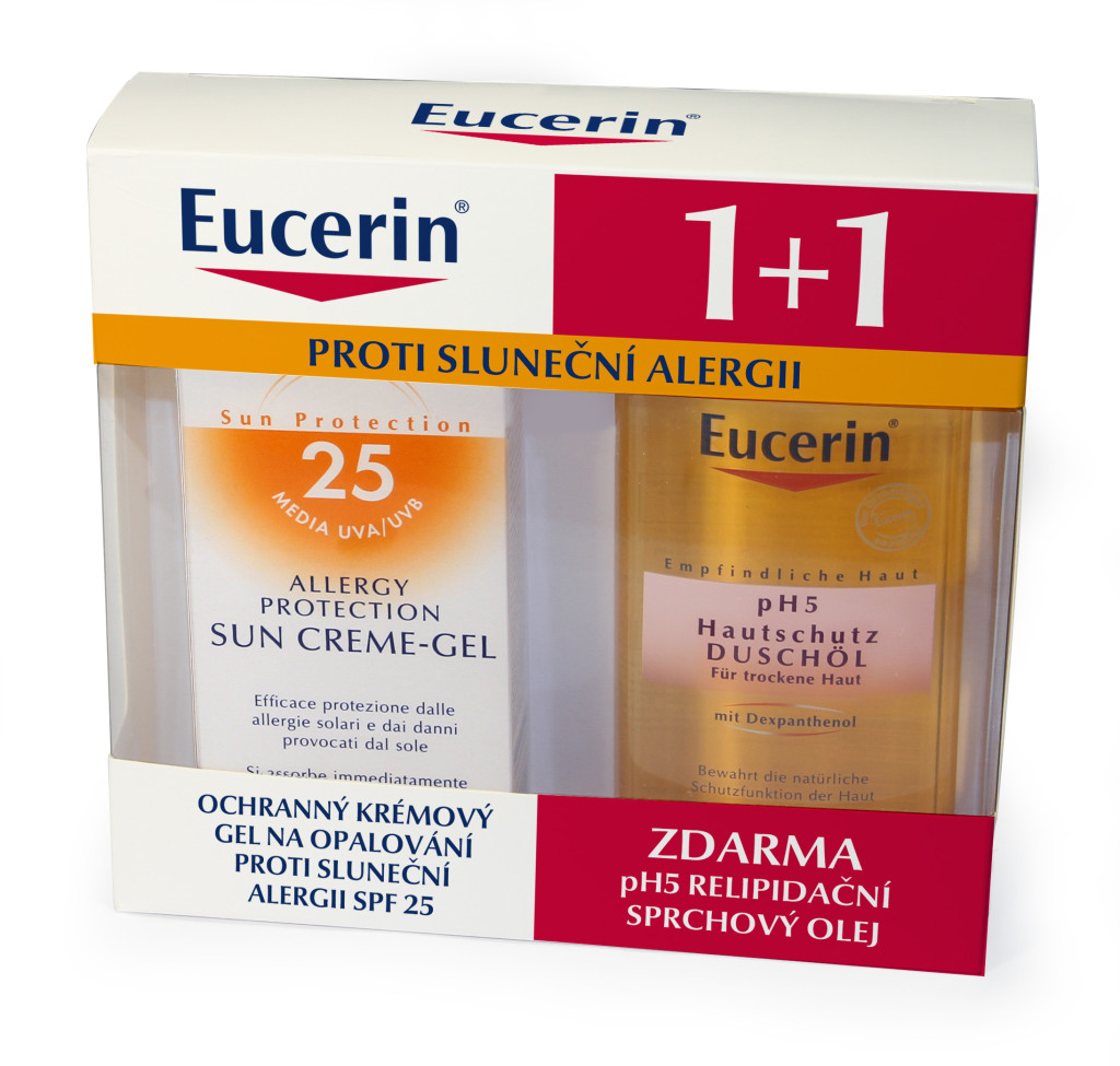 Eucerin Ochranný krémový gél na opaľovanie proti slnečnej alergii SPF 25 a Eucerin pH5 Relipidačný sprchový olej VÁŠ LEKÁRNIK