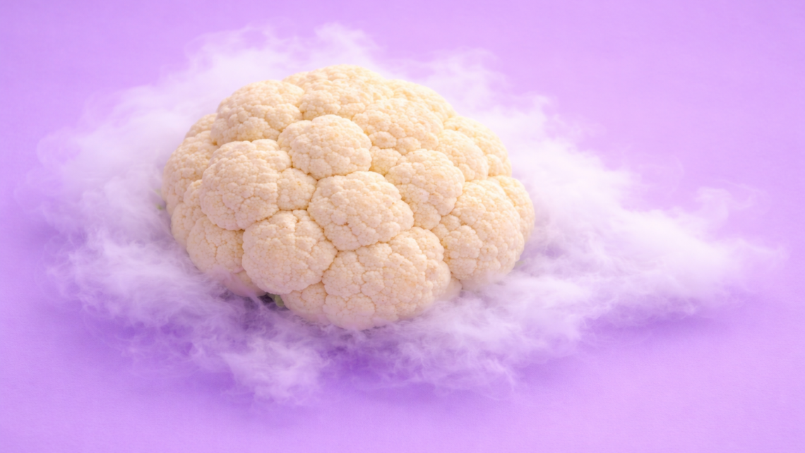 Karfiol bez listov na bledo fialovom pozadí, položený akoby na obláčiku, metaforická vizualizácia pre brain fog