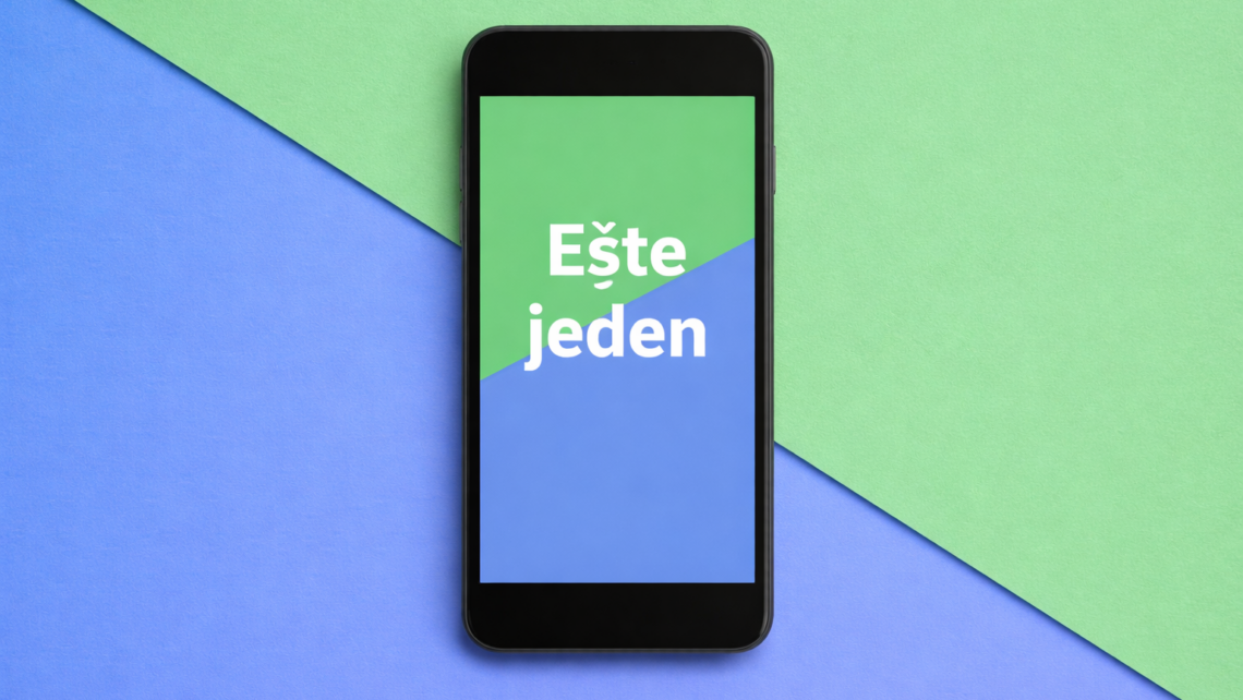 Mobil na farebnej modro-zelenej ploche s nápisom "Ešte jeden", symbolizuje nekonečné scrollovanie a digitálnu únavu