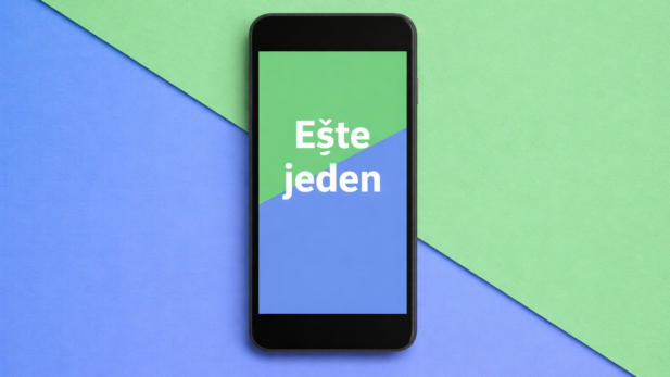 Mobil na farebnej modro-zelenej ploche s nápisom "Ešte jeden", symbolizuje nekonečné scrollovanie a digitálnu únavu